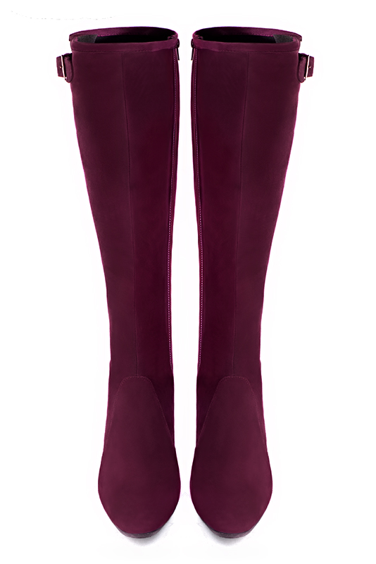 Wine red women's knee-high boots with buckles. Round toe. High block heels. Made to measure. Top view - Florence KOOIJMAN